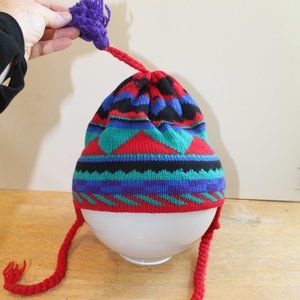 NWT - COLORFUL 100% WOOL BEANIE W/ MICRO FLEECE LINING W/ BRAIDED TIES - Y(M/L)